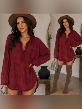 . Touch Dolls Burgundy Long Sleeve Libson Pocket Shirt Dress